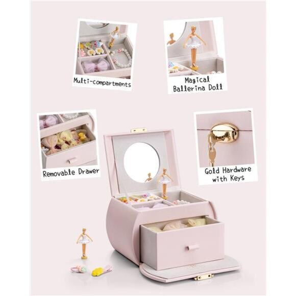Kids Musical Jewelry Box for Girls with Drawer, Music Box with White Ballerina - Picture 4 of 6